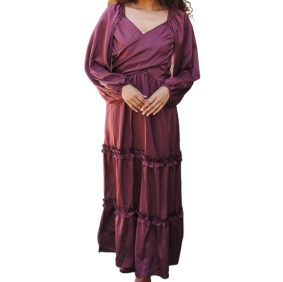 Haptics Wine Satin Front Overlap Smocked Back Maxi Dress - Picture 2 of 4